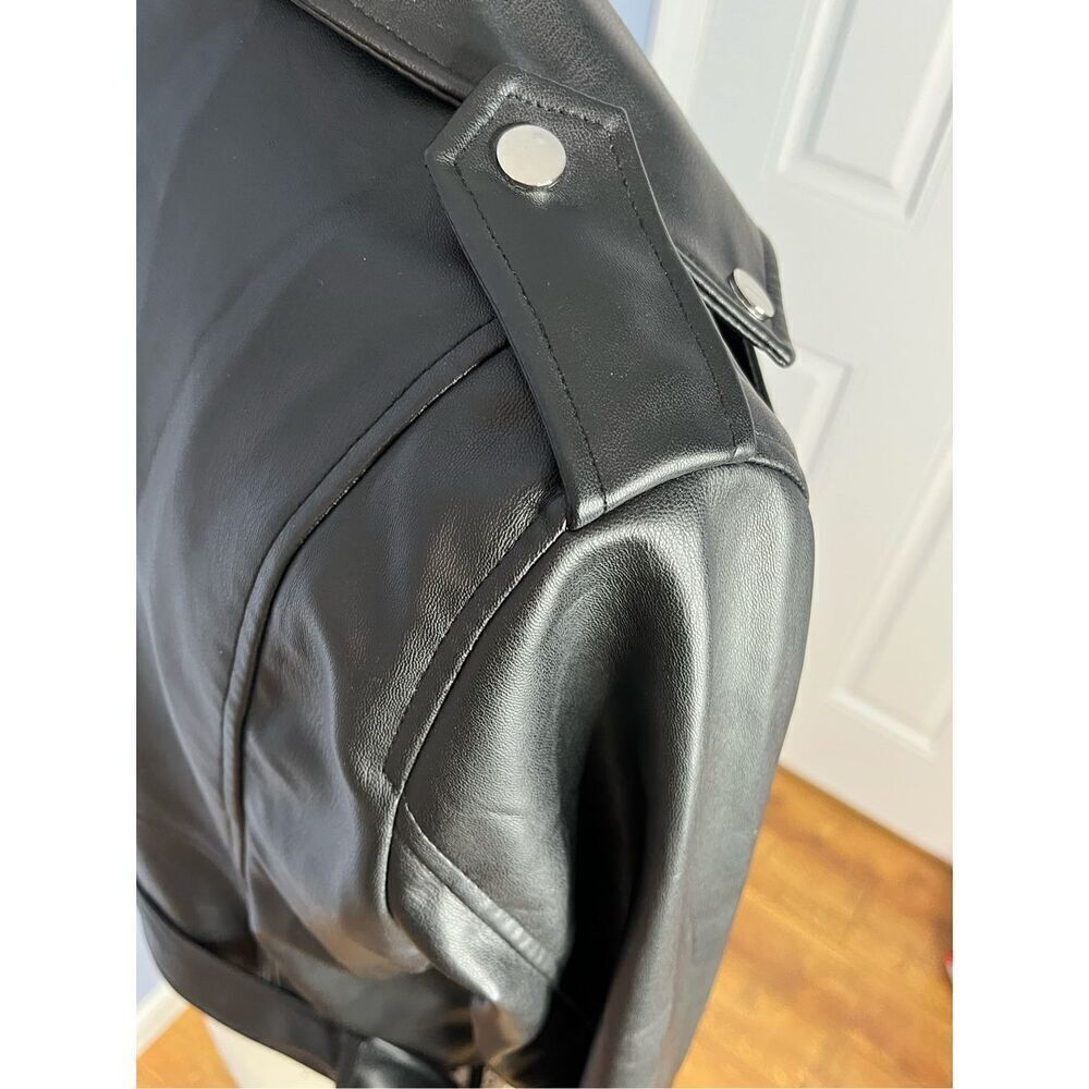 Zara US Medium Black Faux Leather Motorcycle Moto Jacket Pockets - Picture 7 of 13